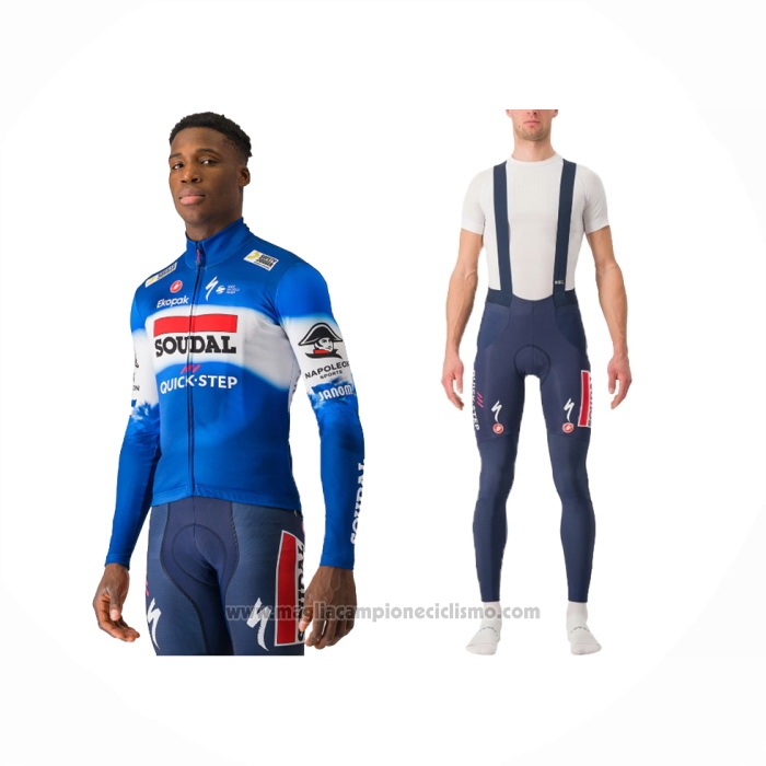 2024 Abbigliamento Ciclismo Deceuninck Quick Step Blu Bianco Manica Lunga e Salopette
